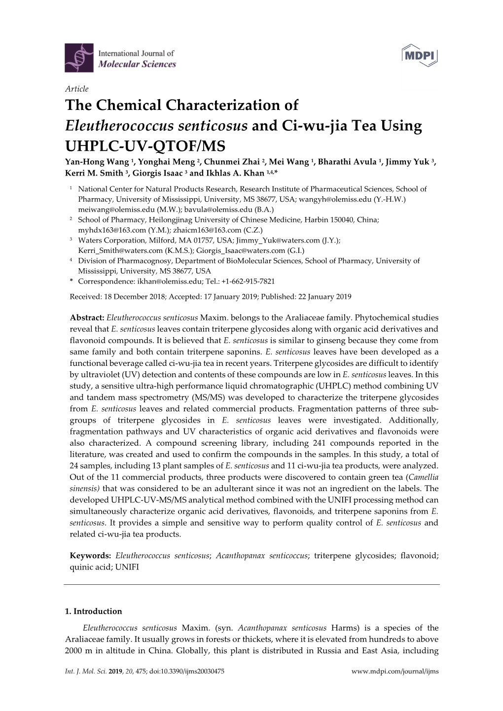 The Chemical Characterization of Eleutherococcus Senticosus and Ci-Wu-Jia Tea Using UHPLC-UV-QTOF/MS