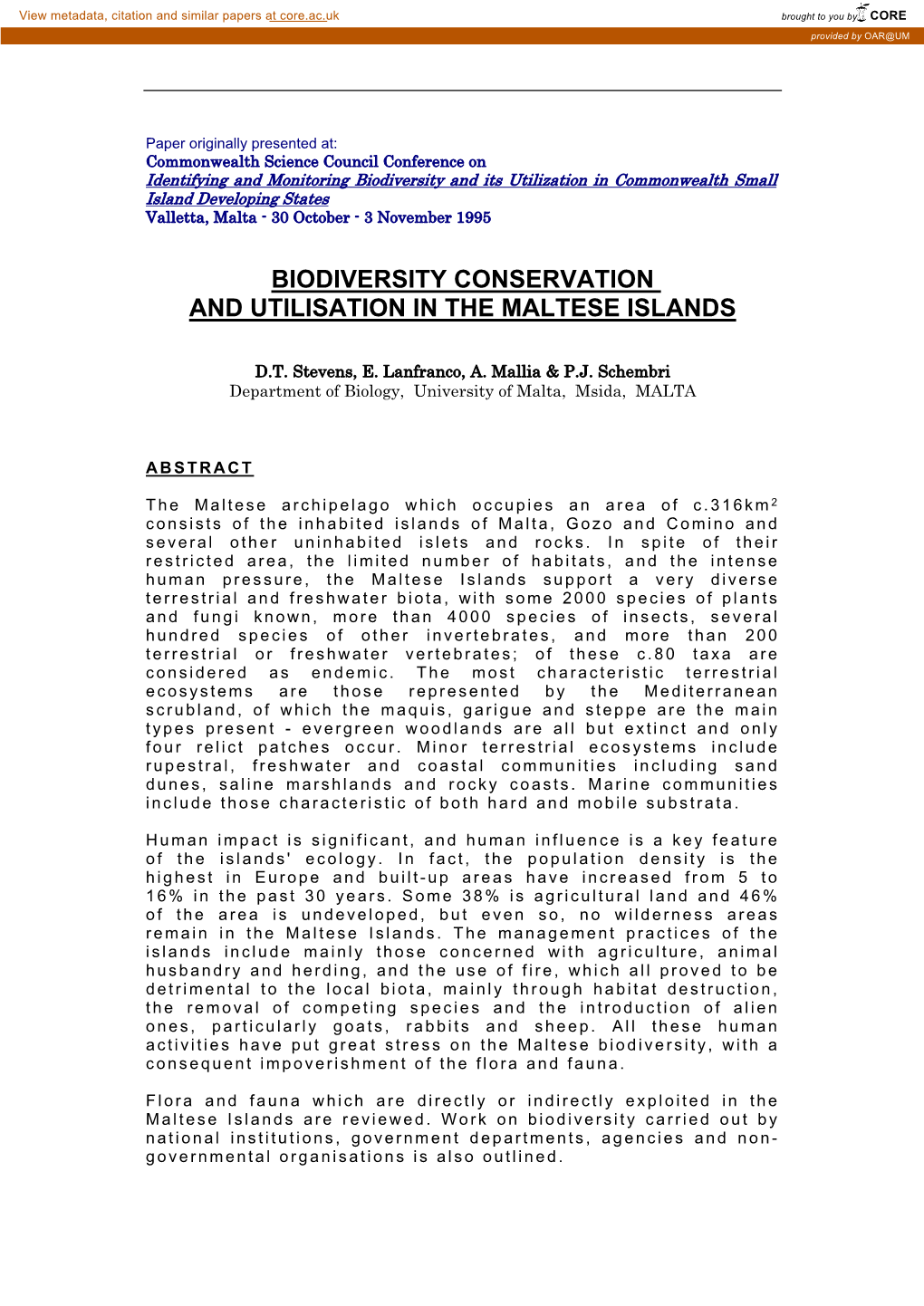 Biodiversity Conservation and Utilisation in the Maltese Islands