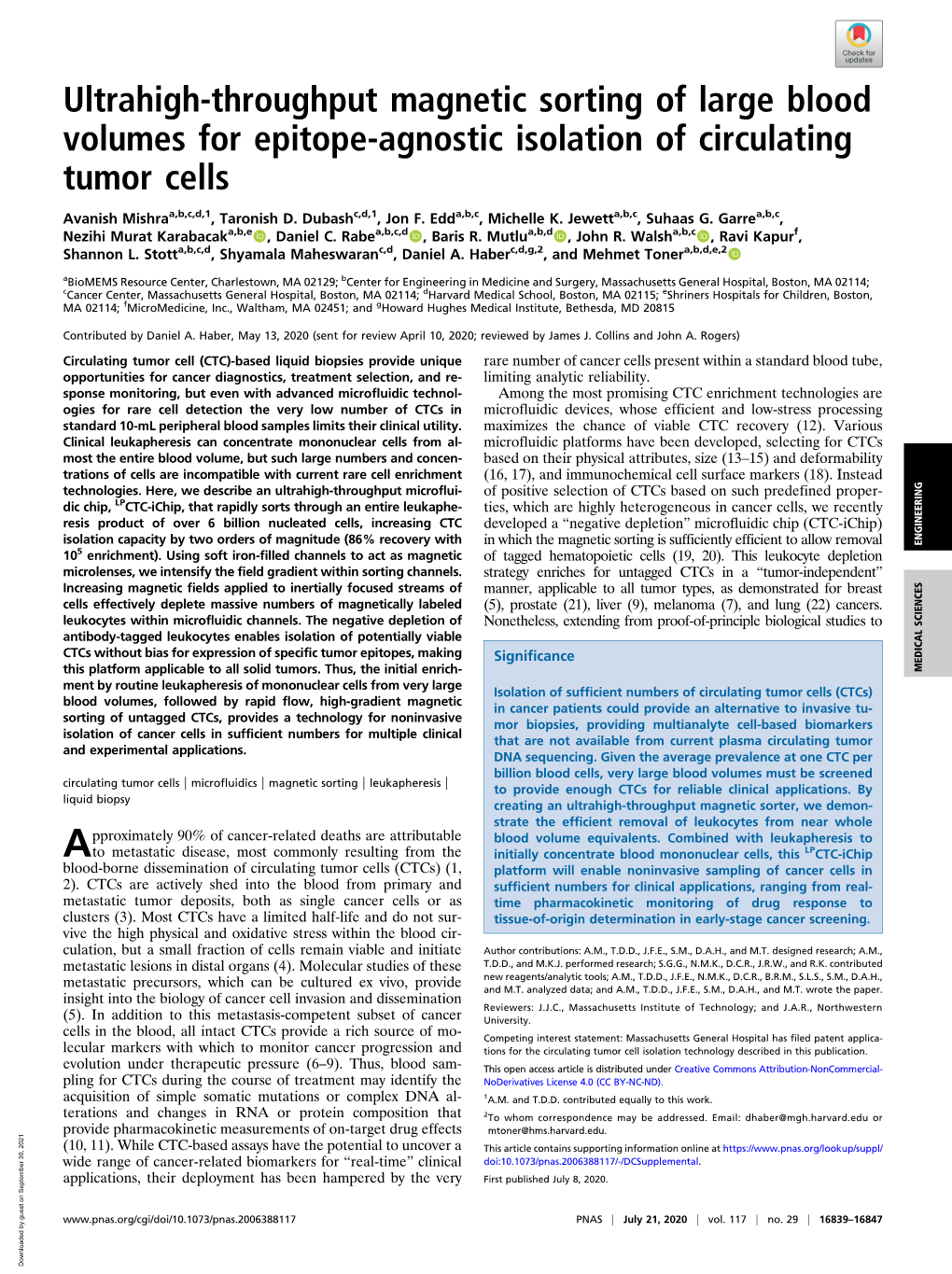 Ultrahigh-Throughput Magnetic Sorting of Large Blood Volumes for Epitope-Agnostic Isolation of Circulating Tumor Cells