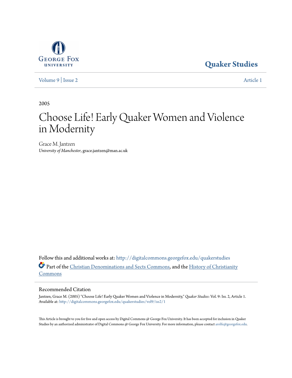 Early Quaker Women and Violence in Modernity Grace M
