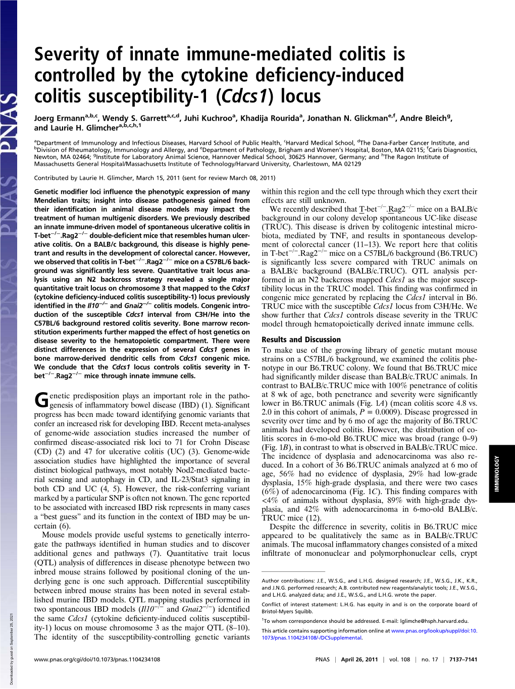 Severity of Innate Immune-Mediated Colitis Is Controlled by the Cytokine Deﬁciency-Induced Colitis Susceptibility-1 (Cdcs1) Locus
