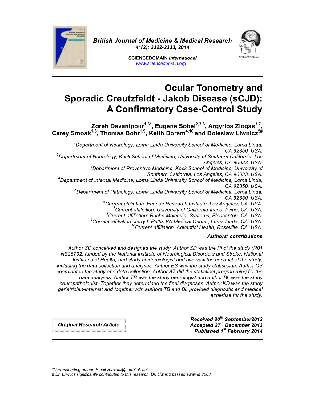 Ocular Tonometry and Sporadic Creutzfeldt - Jakob Disease (Scjd): a Confirmatory Case-Control Study