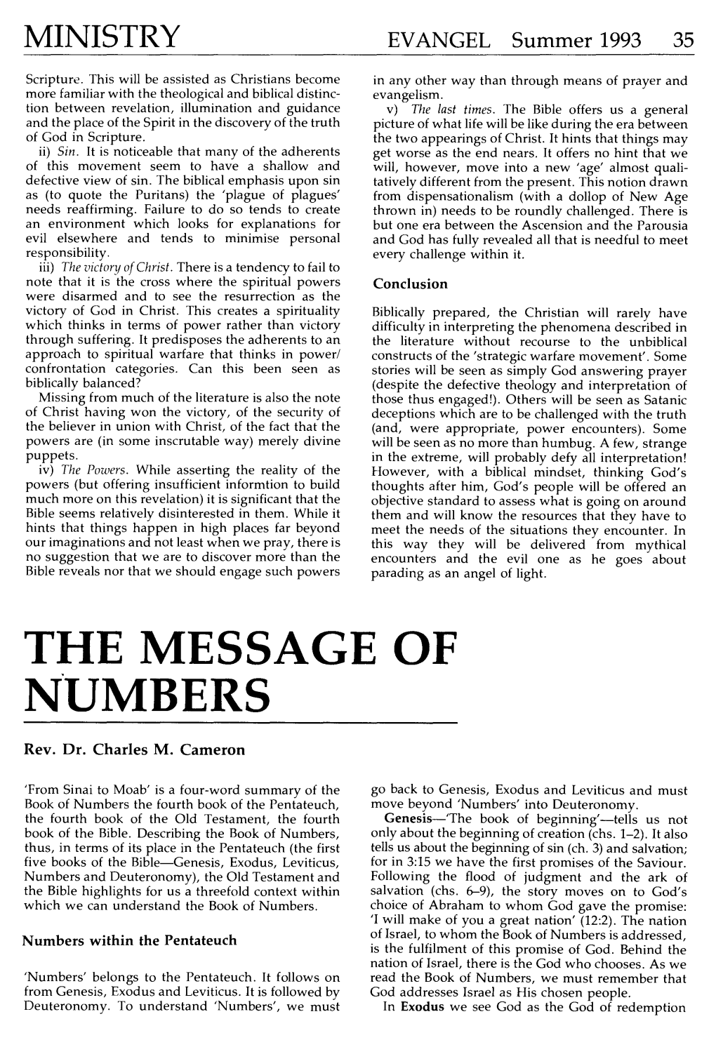 "The Message of Numbers," Evangel 11:2 (1993): 35-39