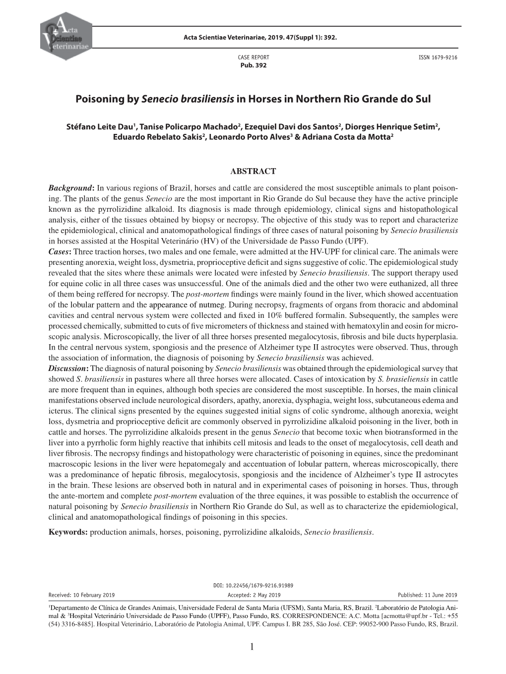 Poisoning by Senecio Brasiliensis in Horses in Northern Rio Grande Do Sul