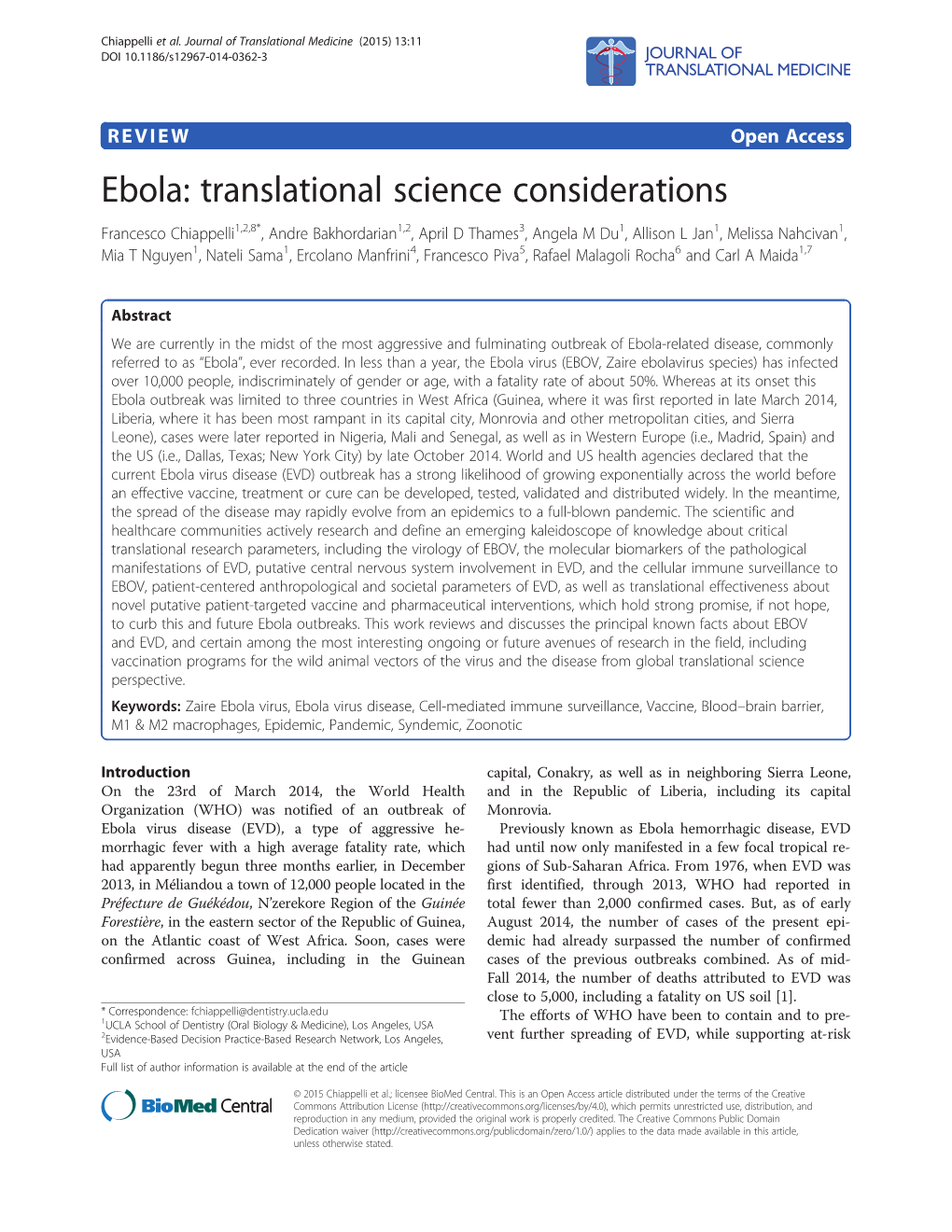 Ebola: Translational Science Considerations