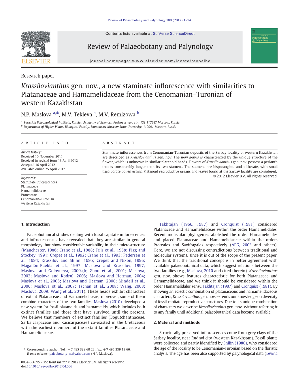 Krassilovianthus Gen. Nov., a New Staminate Inﬂorescence with Similarities to Platanaceae and Hamamelidaceae from the Cenomanian–Turonian of Western Kazakhstan