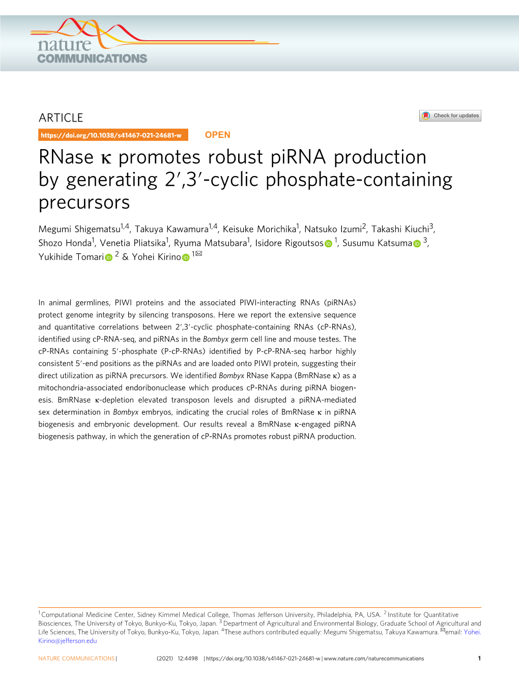 Rnase Îº Promotes Robust Pirna Production by Generating 2Â€²,3Â€²