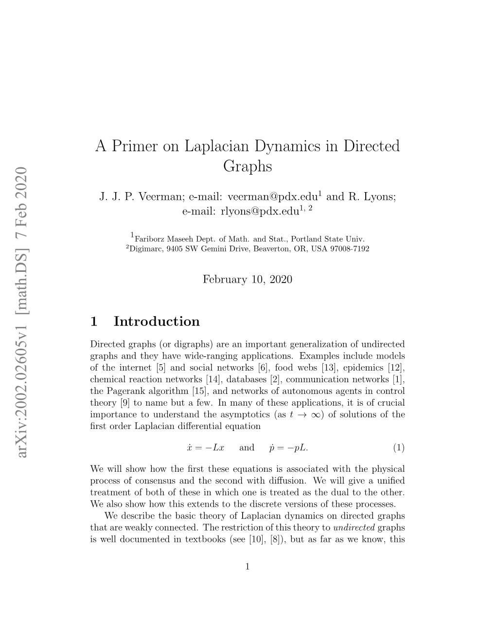 A Primer on Laplacian Dynamics in Directed Graphs Arxiv:2002.02605