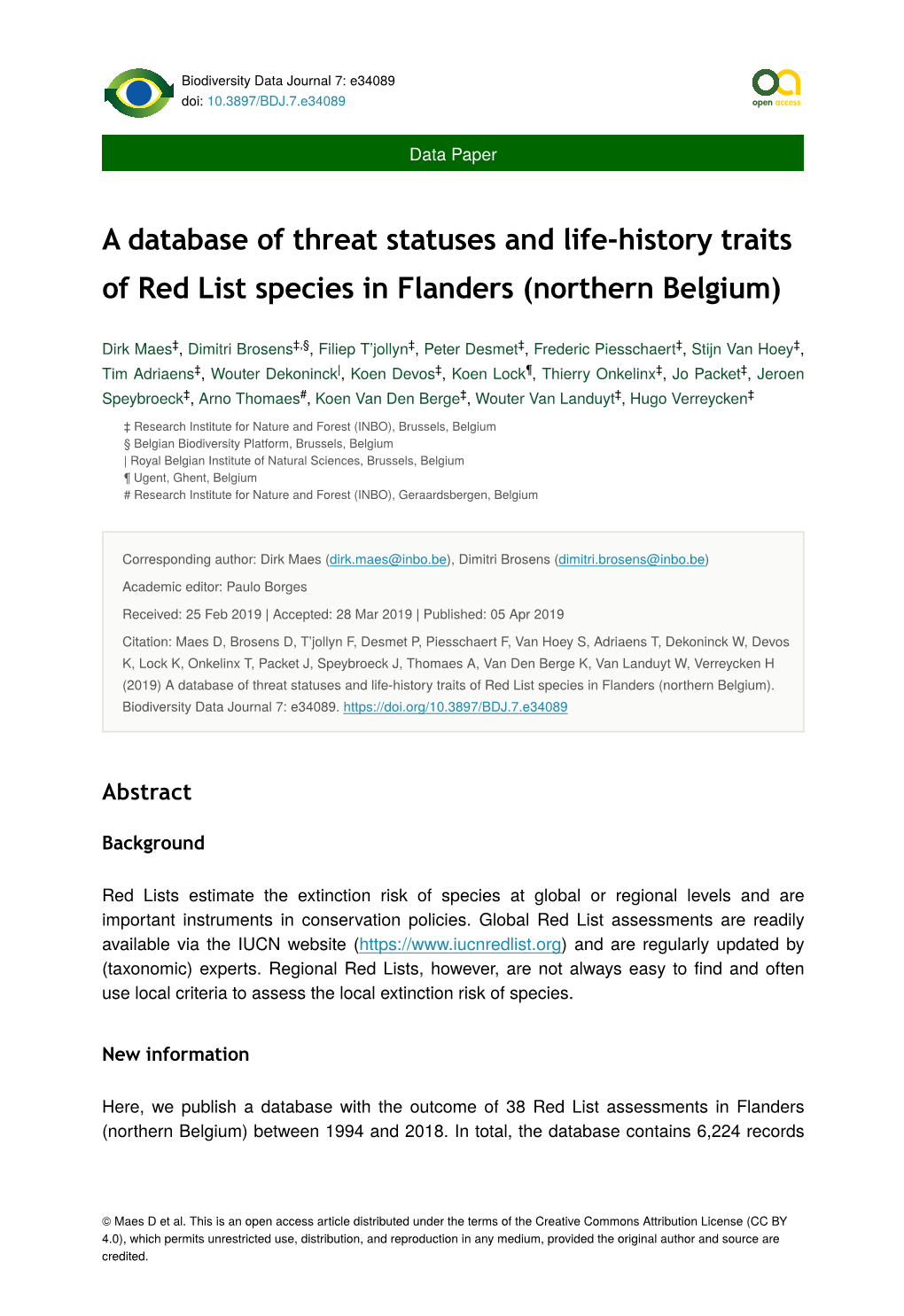 A Database of Threat Statuses and Life-History Traits of Red List Species in Flanders (Northern Belgium)