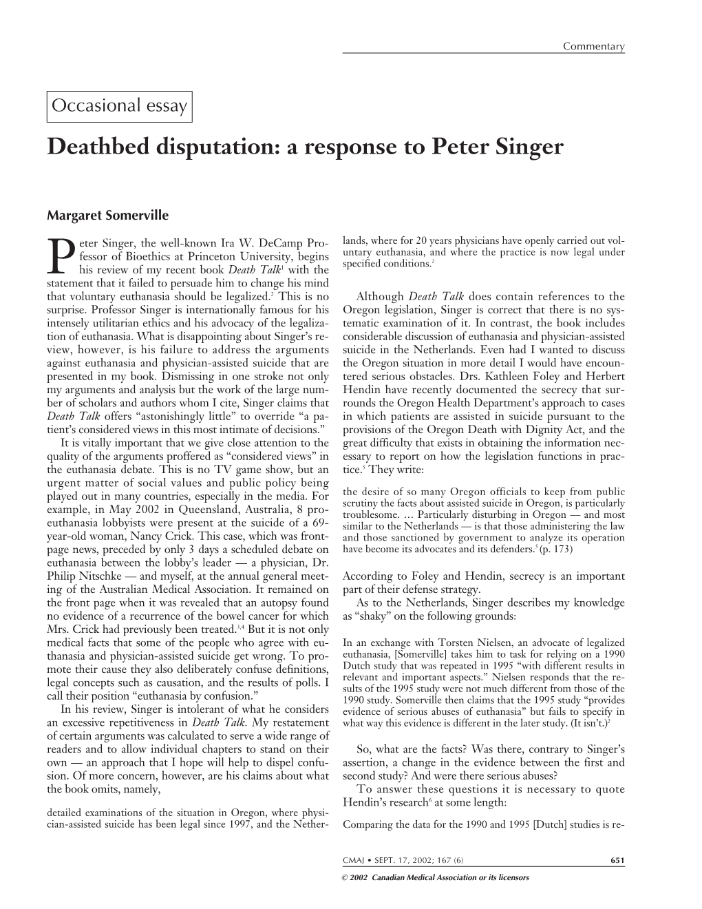 Deathbed Disputation: a Response to Peter Singer