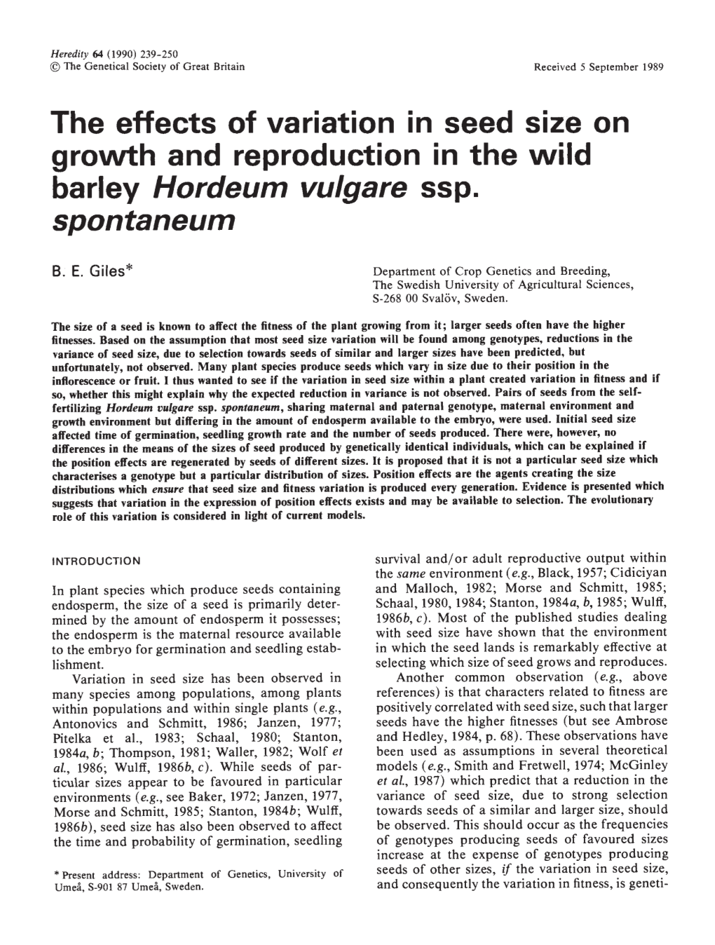 Growth and Reproduction in the Wild Barley Hordeum Vulgare Ssp