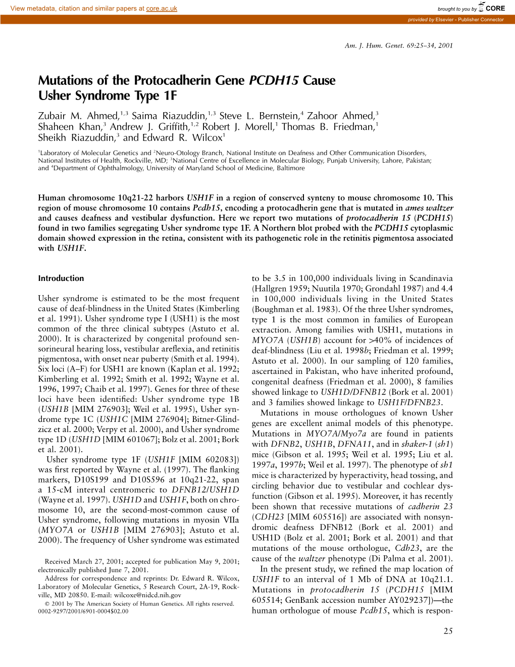 Mutations of the Protocadherin Gene PCDH15 Cause Usher Syndrome Type 1F Zubair M