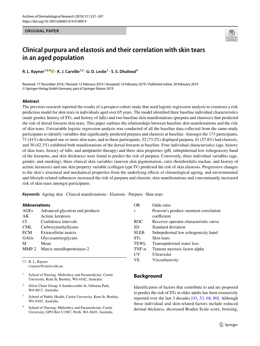 Clinical Purpura and Elastosis and Their Correlation with Skin Tears in an Aged Population