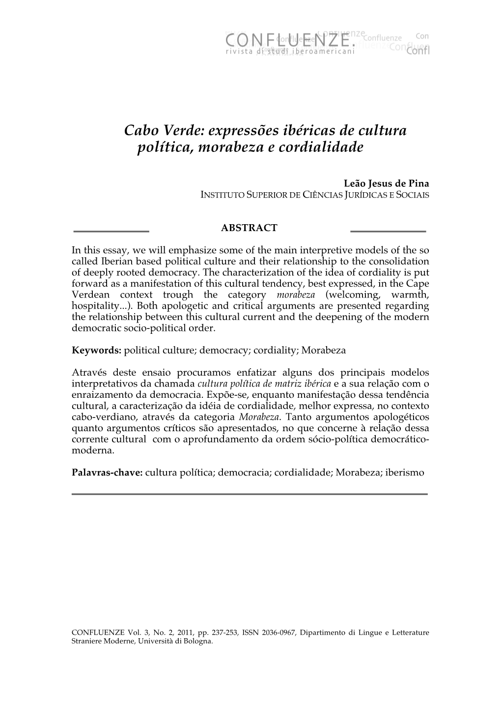 Cabo Verde: Expressões Ibéricas De Cultura Política, Morabeza E Cordialidade