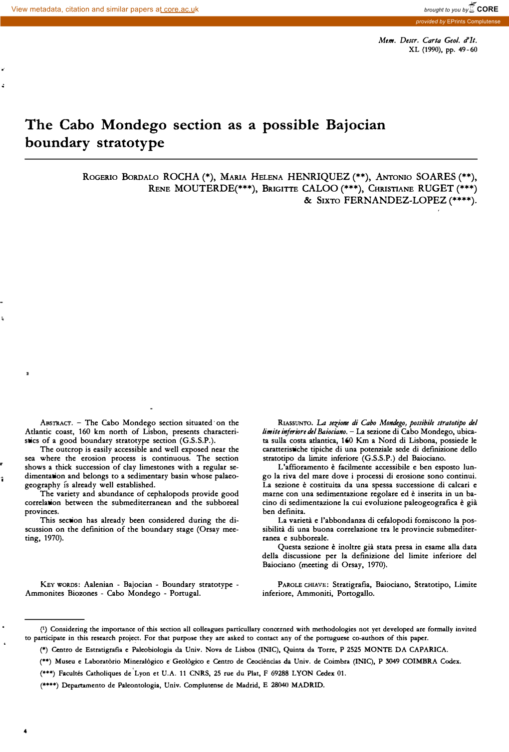 The Cabo Mondego Section As a Possible Bajocian Boundary Stratotype