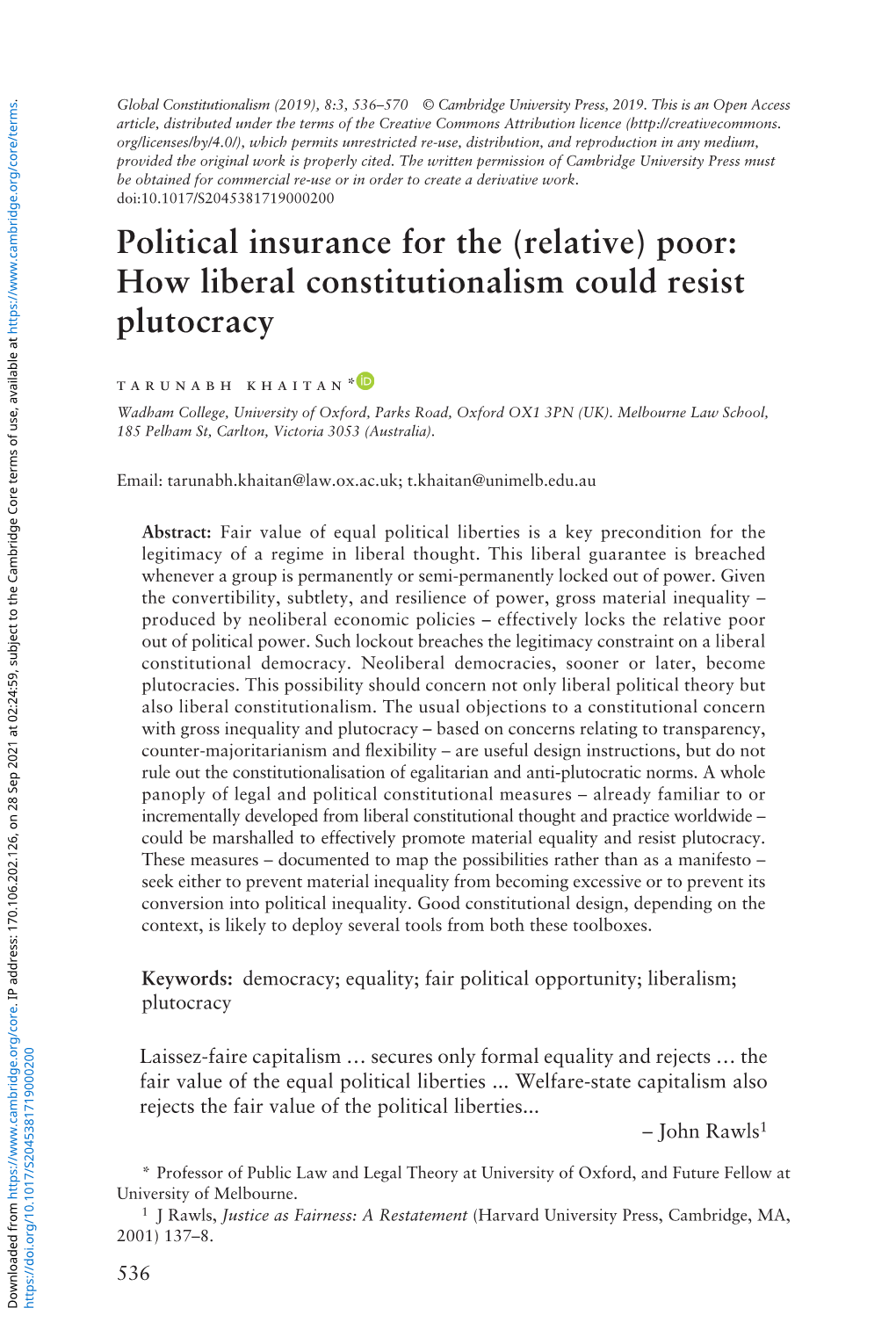 Poor: How Liberal Constitutionalism Could Resist Plutocracy