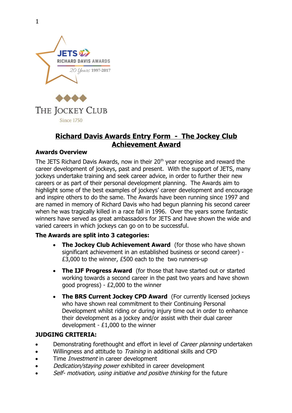 Richard Davis Awards Entry Form - the Jockey Club Achievement Award