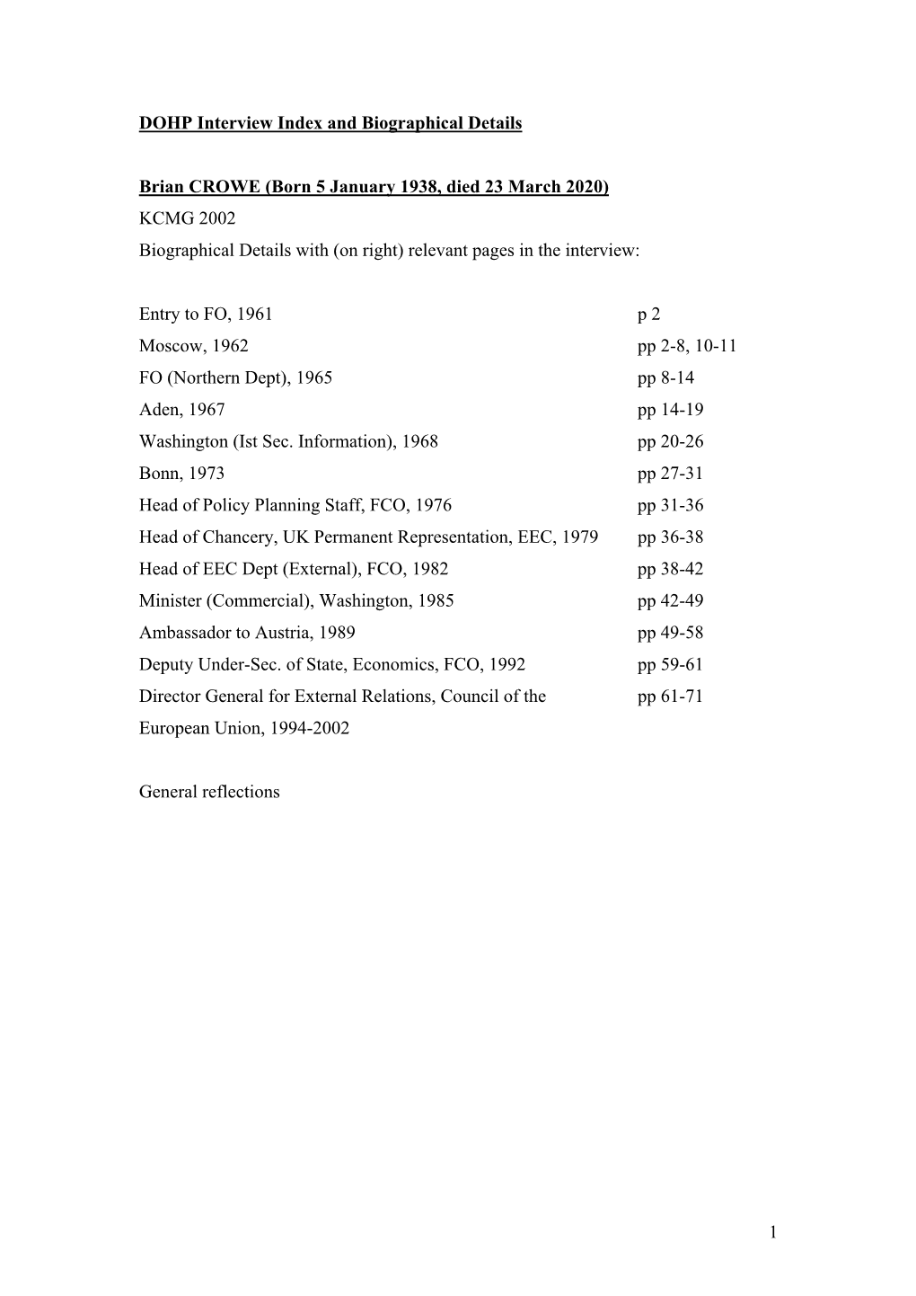 1 DOHP Interview Index and Biographical Details Brian CROWE