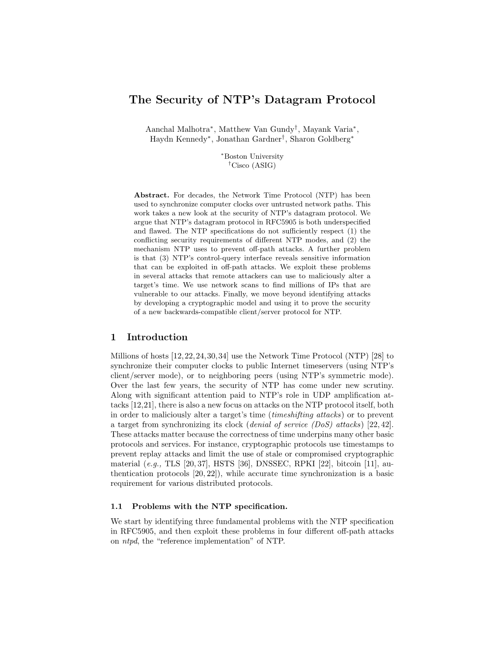 The Security of NTP's Datagram Protocol