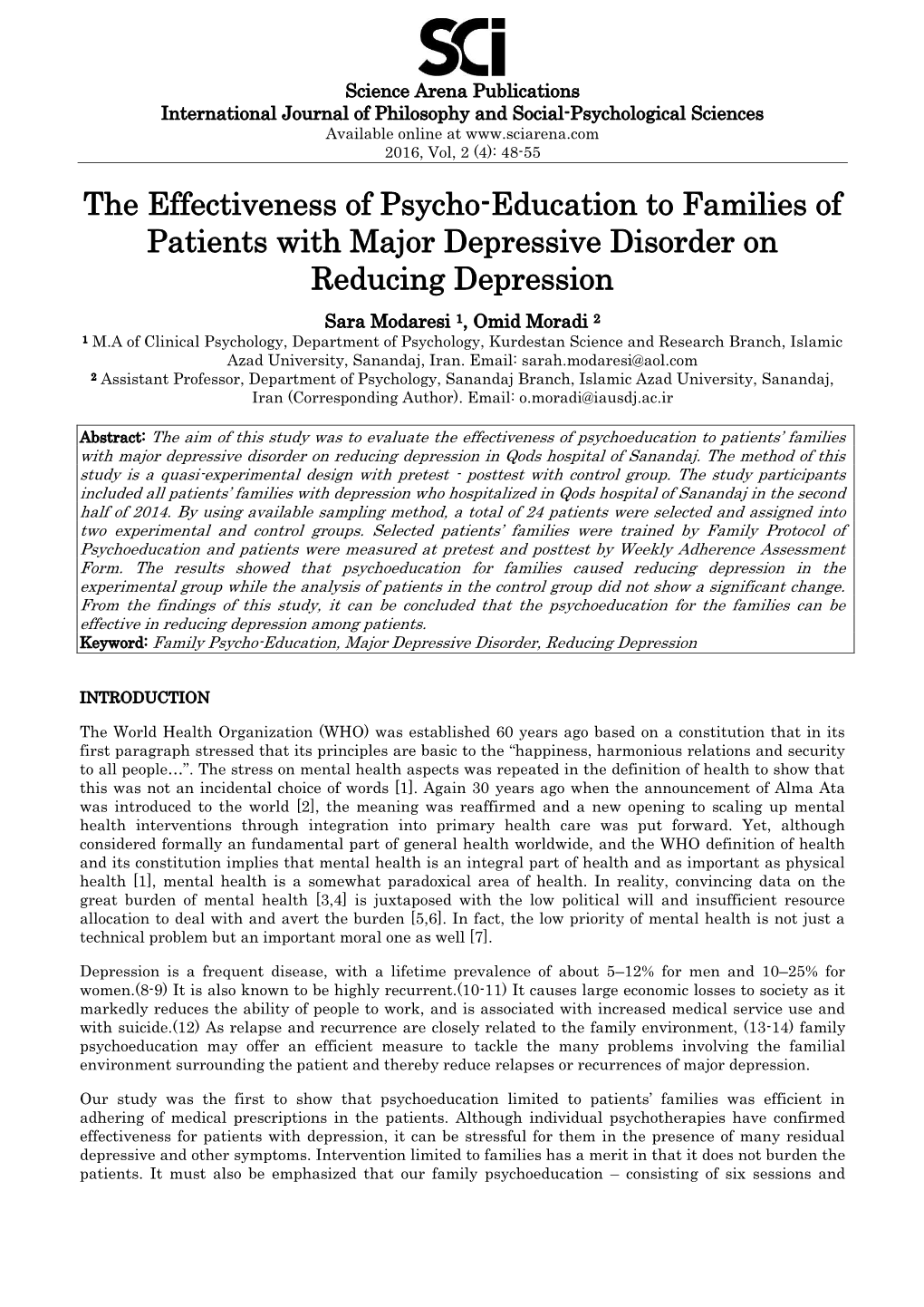 The Effectiveness of Psycho-Education to Families of Patients with Major Depressive Disorder on Reducing Depression