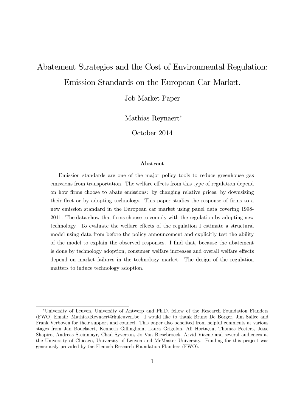 Abatement Strategies and the Cost of Environmental Regulation: Emission Standards on the European Car Market