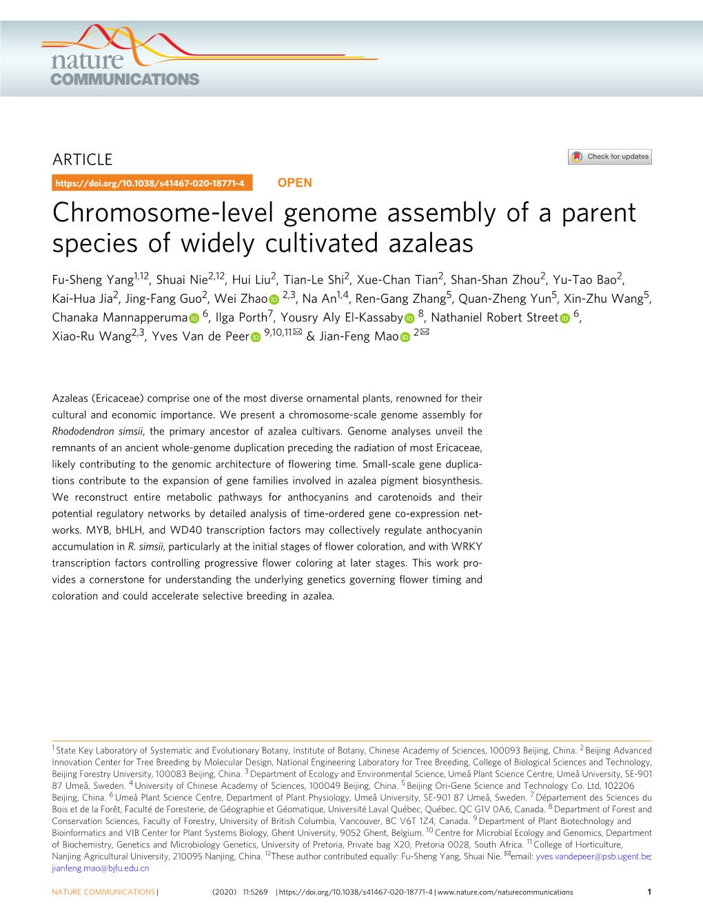 Chromosome-Level Genome Assembly of a Parent Species of Widely Cultivated Azaleas