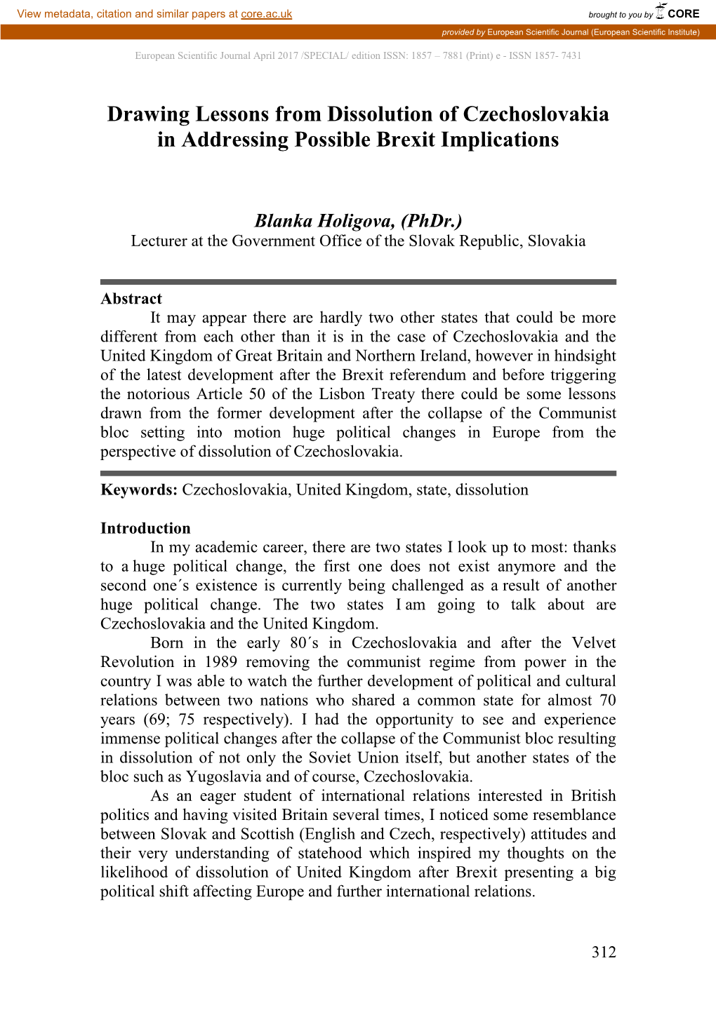 Drawing Lessons from Dissolution of Czechoslovakia in Addressing Possible Brexit Implications