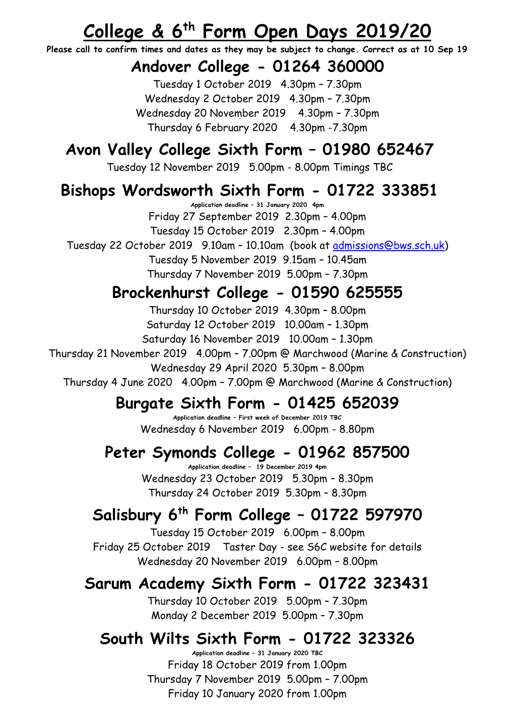 College & 6Th Form Open Days 2019/20