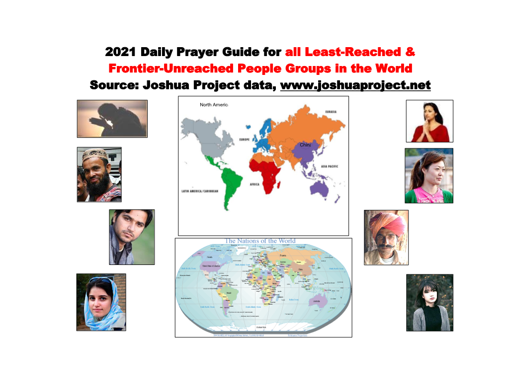 2021 Daily Prayer Guide for All Least-Reached & Frontier-Unreached People Groups in the World Source: Joshua Project Data