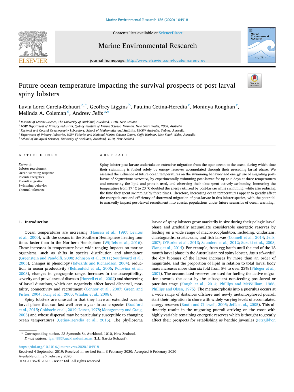 Future Ocean Temperature Impacting the Survival Prospects of Post-Larval Spiny Lobsters