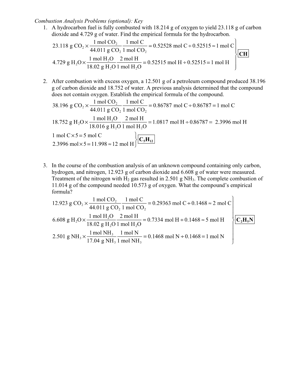 Combustion Analysis Extra Problems