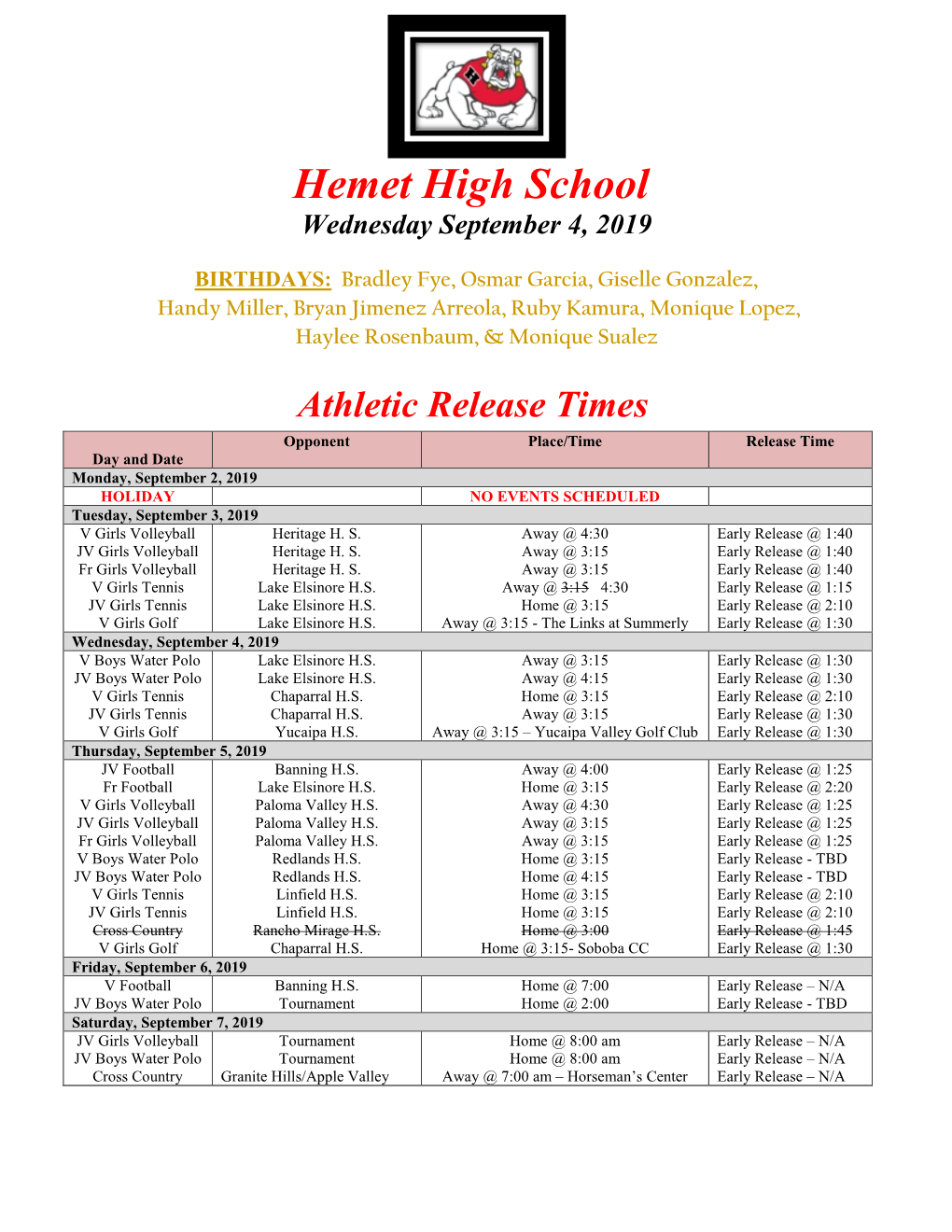 Hemet High School Wednesday September 4, 2019