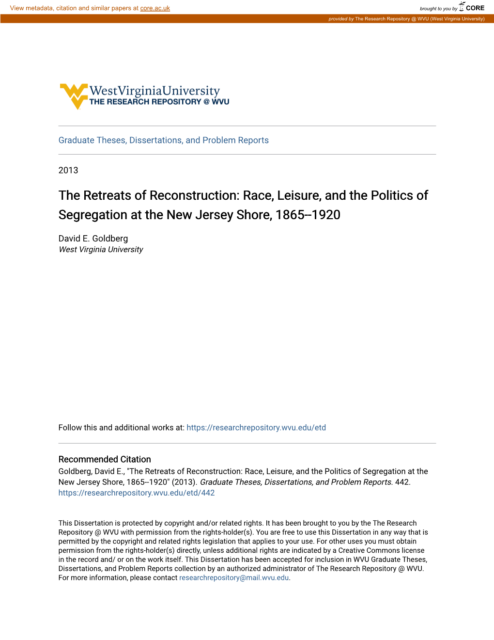 The Retreats of Reconstruction: Race, Leisure, and the Politics of Segregation at the New Jersey Shore, 1865--1920