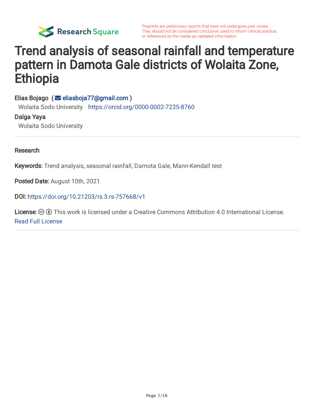 Trend Analysis of Seasonal Rainfall and Temperature Pattern in Damota Gale Districts of Wolaita Zone, Ethiopia