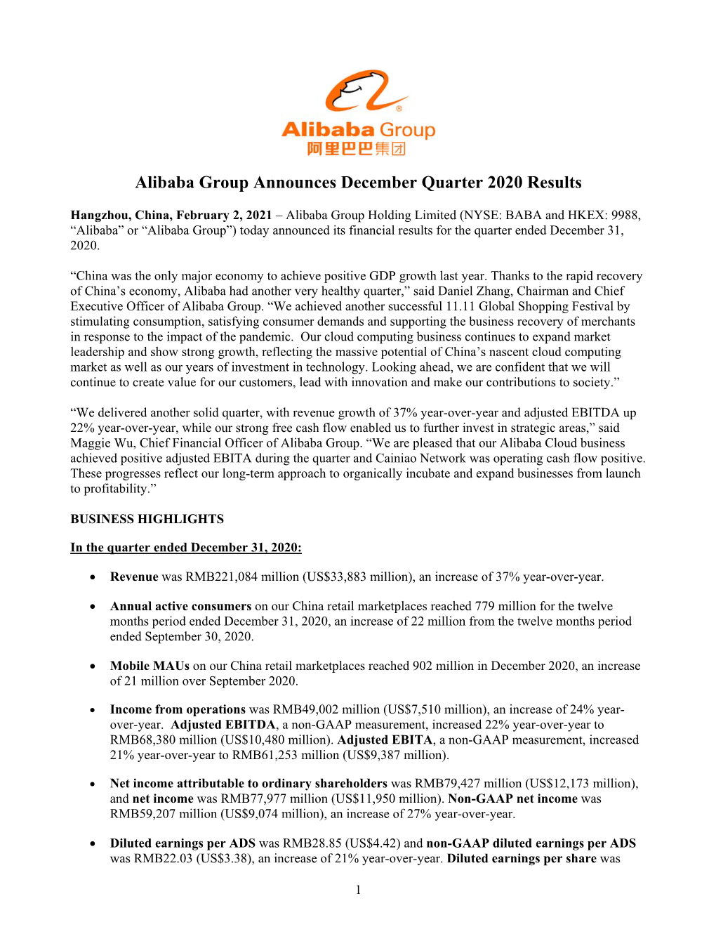 Alibaba Group Announces December Quarter 2020 Results