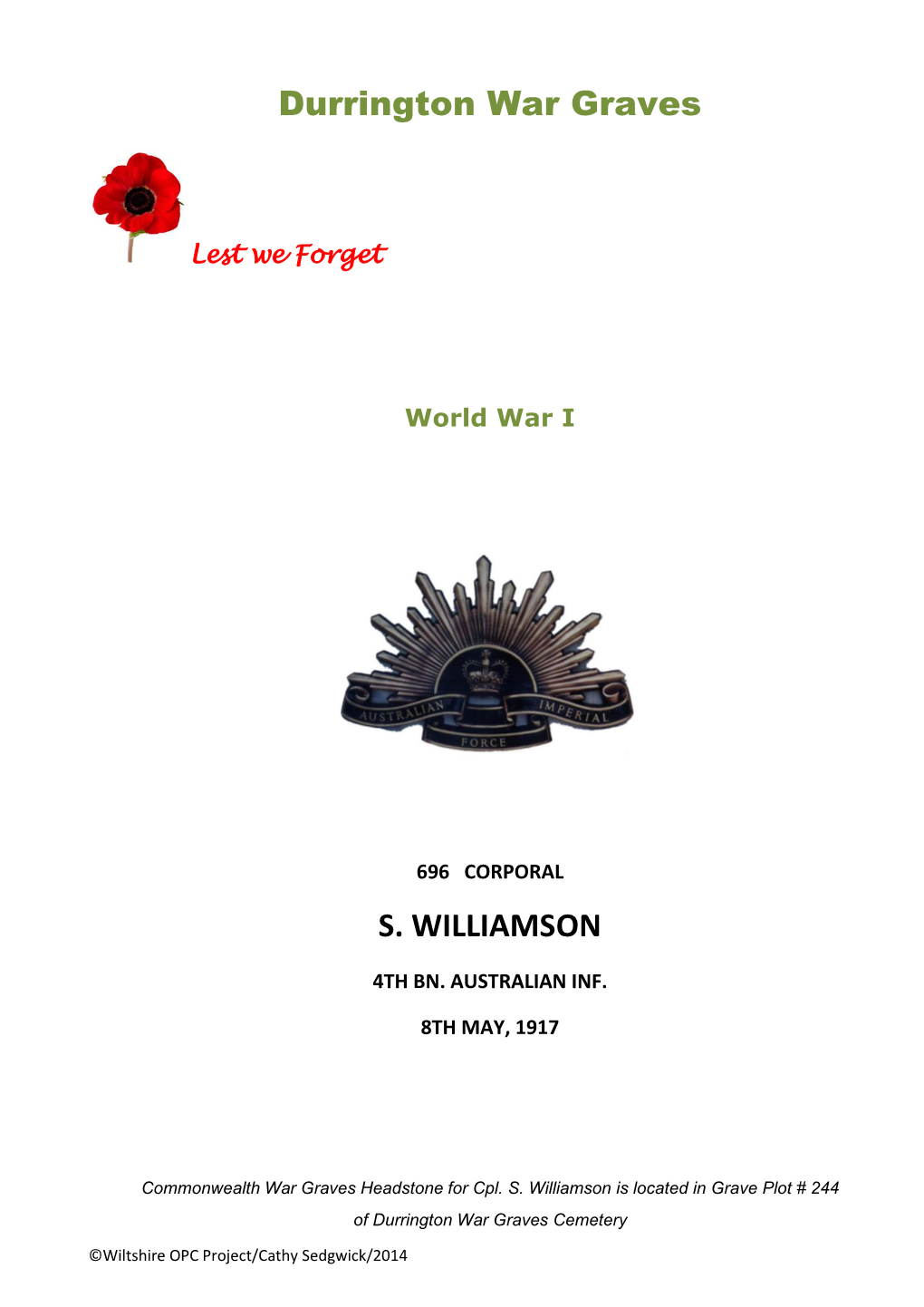 Durrington War Graves S. WILLIAMSON
