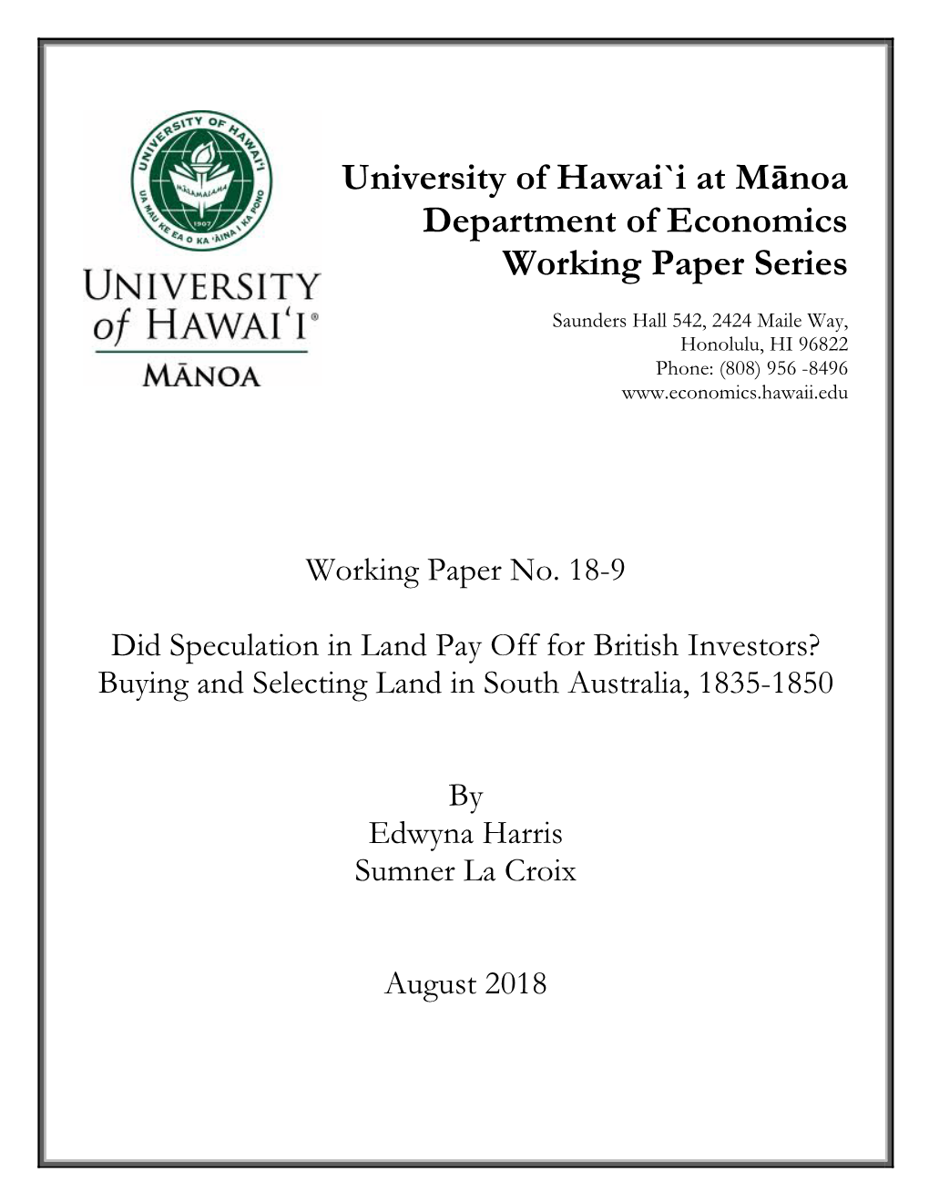 University of Hawai`I at Mānoa Department of Economics Working Paper Series