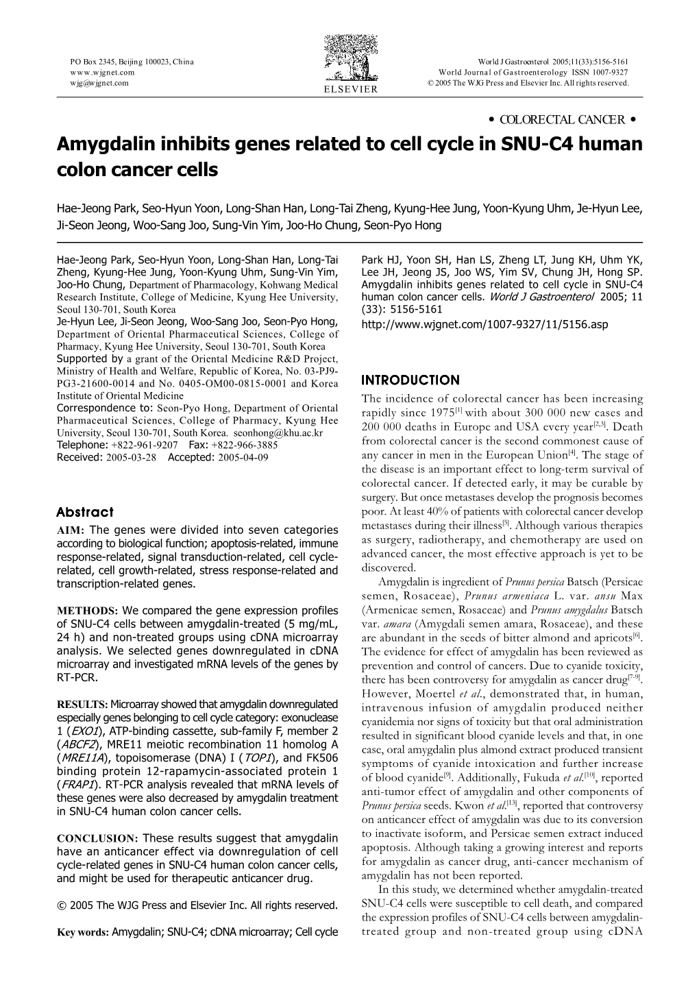 Amygdalin Inhibits Genes Related to Cell Cycle in SNU-C4 Human Colon Cancer Cells