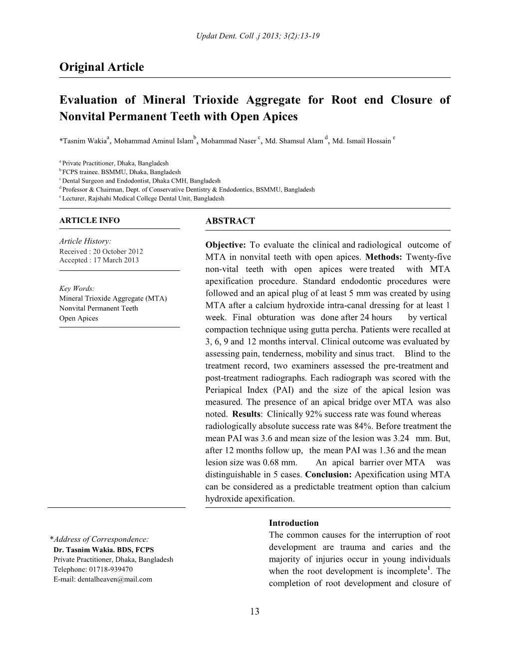 Original Article Evaluation of Mineral Trioxide Aggregate for Root End