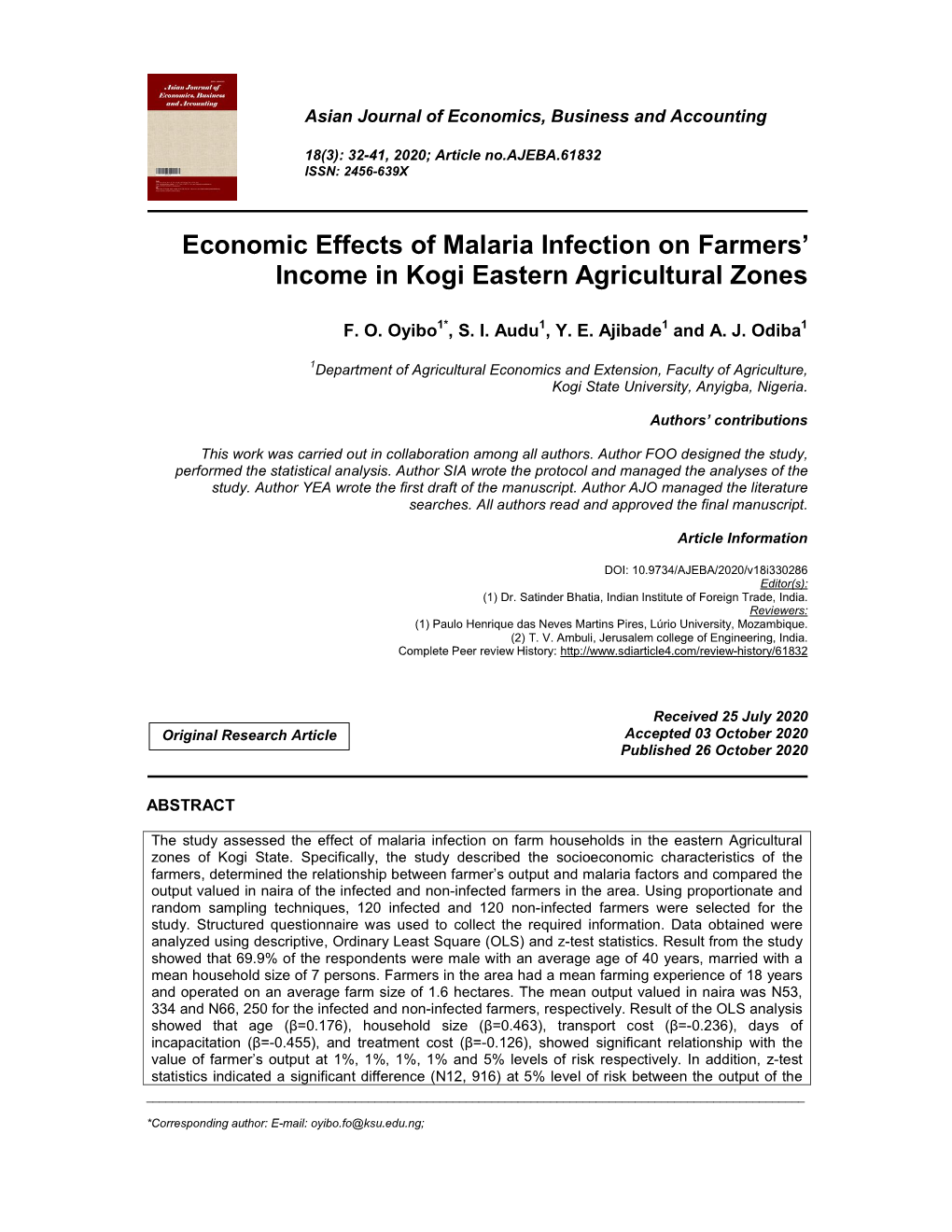 Economic Effects of Malaria Infection on Farmers' Income in Kogi Eastern