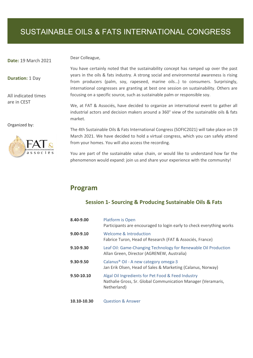 Sustainable Oils & Fats International Congress