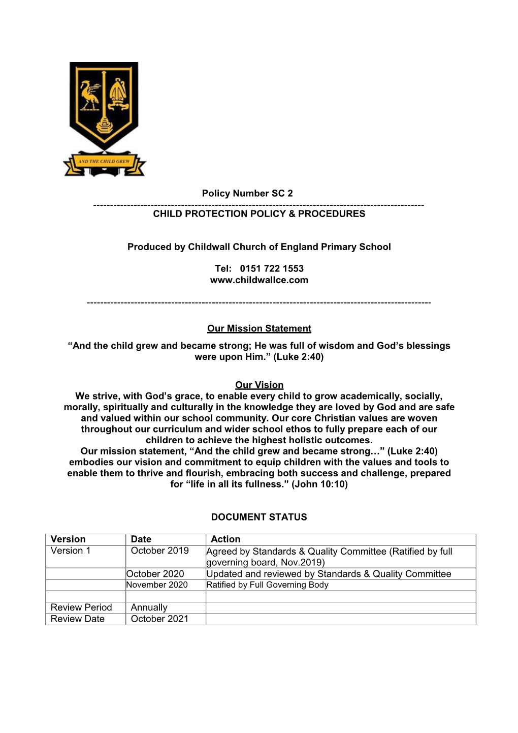 Policy Number SC 2 CHILD PROTECTION POLICY