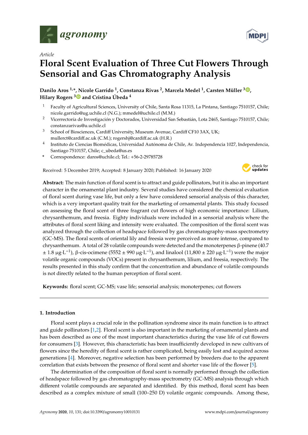 Floral Scent Evaluation of Three Cut Flowers Through Sensorial and Gas Chromatography Analysis