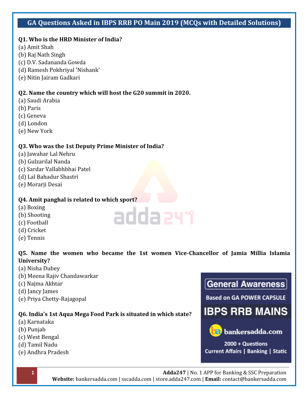 GA Questions Asked in IBPS RRB PO Main 2019 (Mcqs with Detailed Solutions)