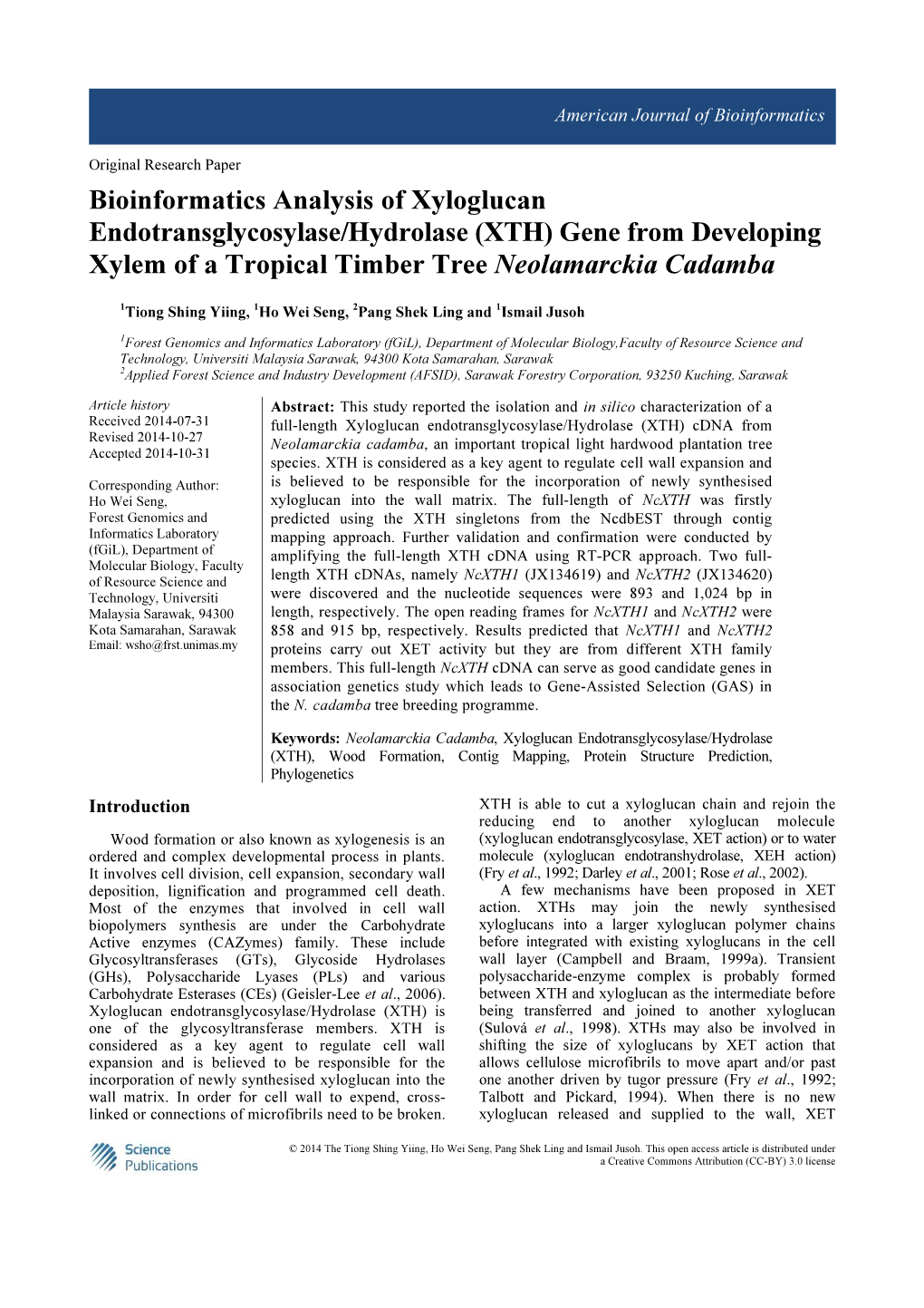 Bioinformatics Analysis of Xyloglucan Endotransglycosylase/Hydrolase (XTH) Gene from Developing Xylem of a Tropical Timber Tree Neolamarckia Cadamba