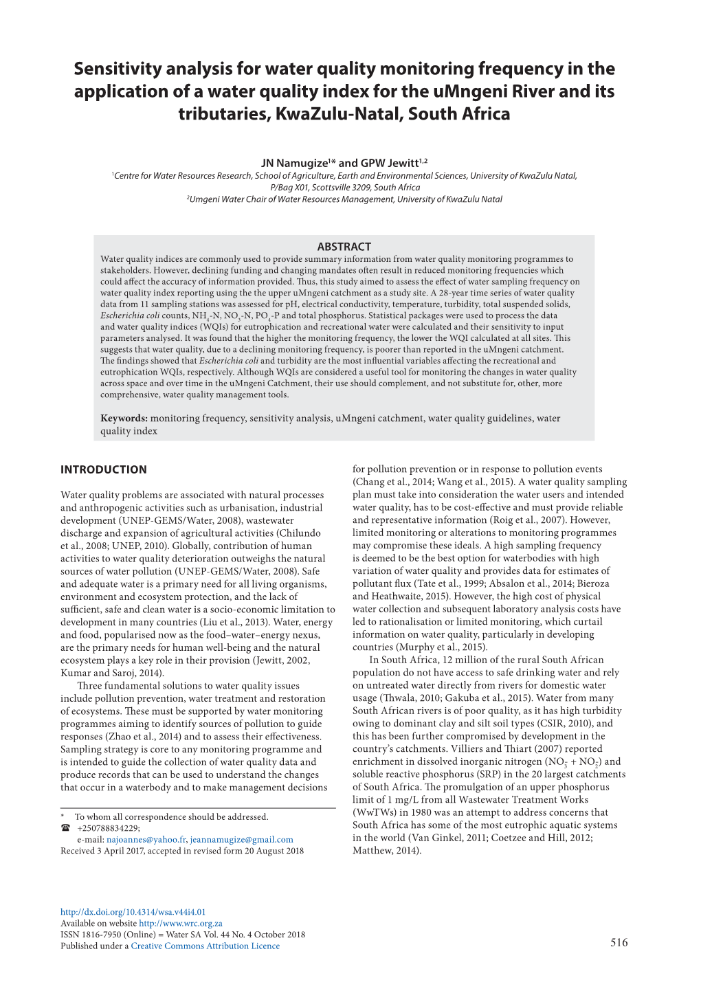 Sensitivity Analysis for Water Quality Monitoring Frequency in The