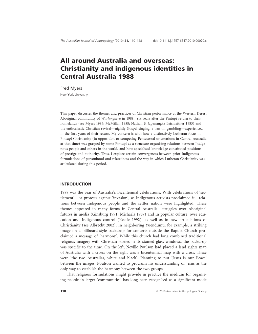All Around Australia and Overseas: Christianity and Indigenous Identities in Central Australia 1988