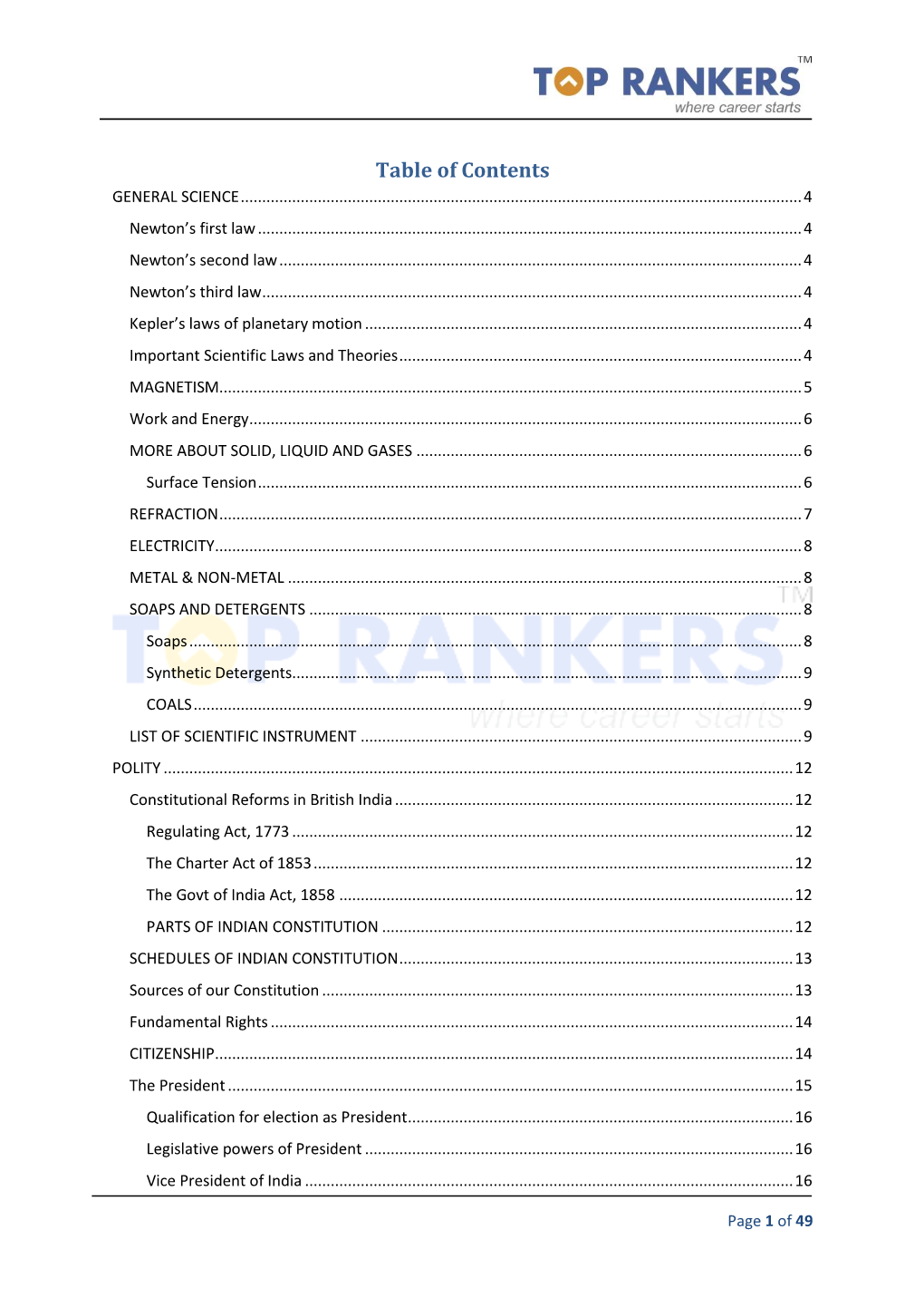 Table of Contents GENERAL SCIENCE