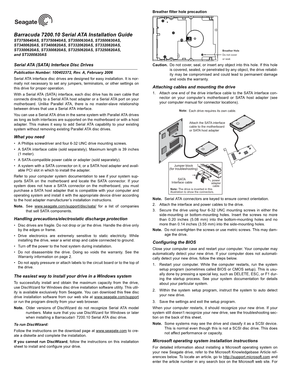 Barracuda 7200.10 Serial ATA Installation Guide