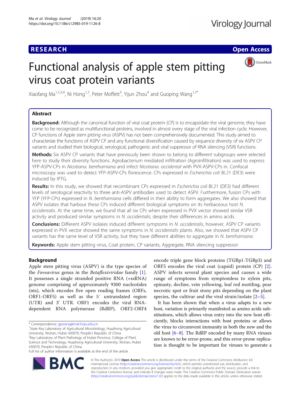 Functional Analysis of Apple Stem Pitting Virus Coat Protein Variants Xiaofang Ma1,2,3,4, Ni Hong1,2, Peter Moffett3, Yijun Zhou4 and Guoping Wang1,2*